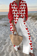 Heart-Print Loose-fitting Shirt and Elastic Waistband Pocket Pants Set
