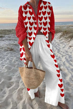 Heart-Print Loose-fitting Shirt and Elastic Waistband Pocket Pants Set