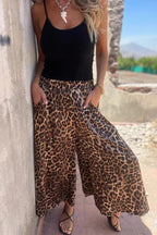 Leopard Print Elastic Waist Loose Pocket Wide Leg Pants