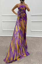Renee Exclusive Amazing Views Off Shoulder Pleated Slit Maxi Dress with Feather Rose Detail in Watercolor Print Chic Silhouette Collection
