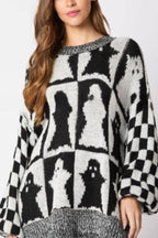 Halloween Ghost Plaid Crew Neck Sweater