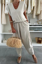 Linen Blend Solid Color V-neck Short-sleeved Top and Elastic Waist Pocket Bloomers Pants Set