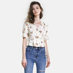 Ivory Floral Print Surplice V-Neck Tie Detail Blouse