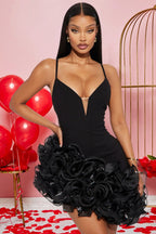 Sexy Solid Spaghetti Strap Ruffled Asymmetric Mini Dress