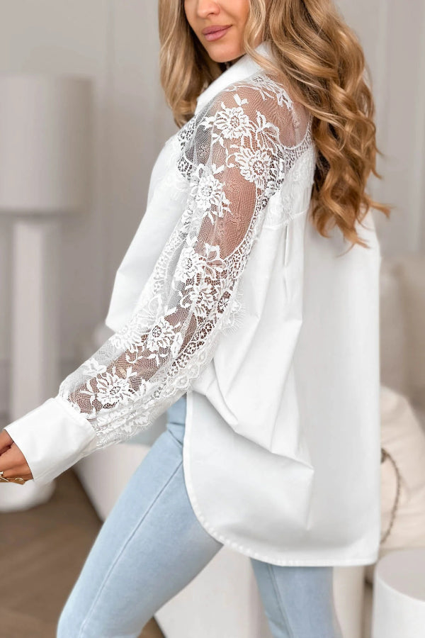 Solid Color Loose-fitting Patchwork Lace Long-sleeved Casual Shirt