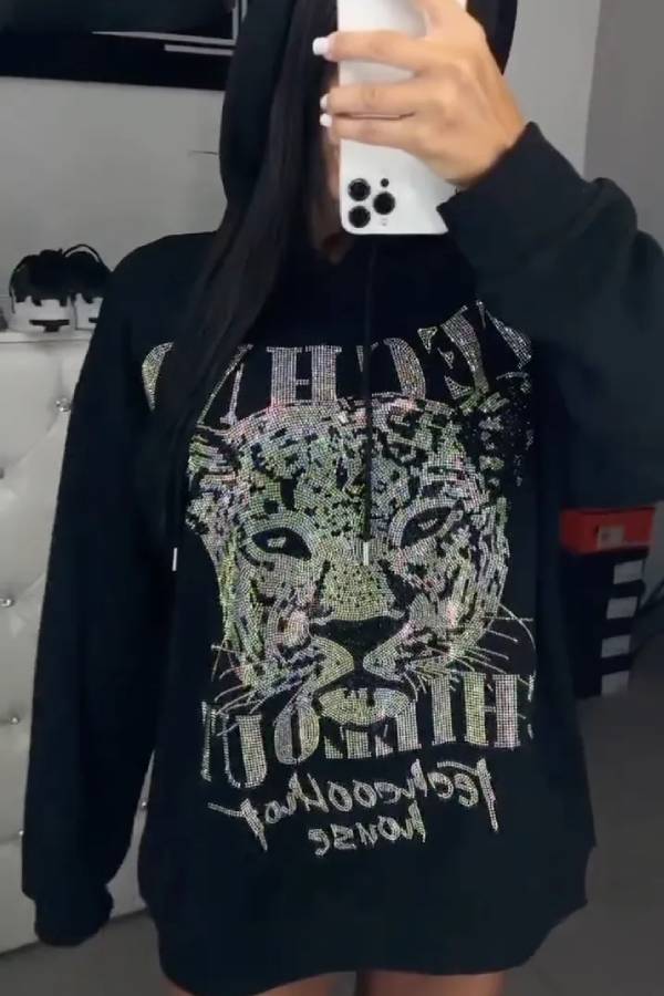 Women's Hooded Leopard Print Casual Top with Rhinestones