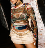 Festival Printed Mesh Full Sleeve Sheer Top