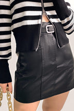 Black Vegan Leather Belted High Rise A-Line Mini Skirt
