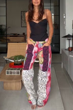 Fashion Patchwork-style Print Mid Rise Elastic Waist Pocket Straight Drape Pants