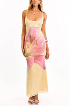 Floral Print Fashion Sequined Spaghetti Strap Backless Slim Fit Vacation Maxi Dress