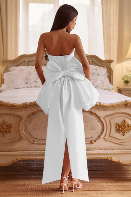 Solid Color Strapless Backless Big Bow Bubble Hem Prom Dress