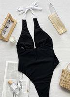 Monaco Bow - Halter Neck One Piece Swimsuit with White Front Tie
