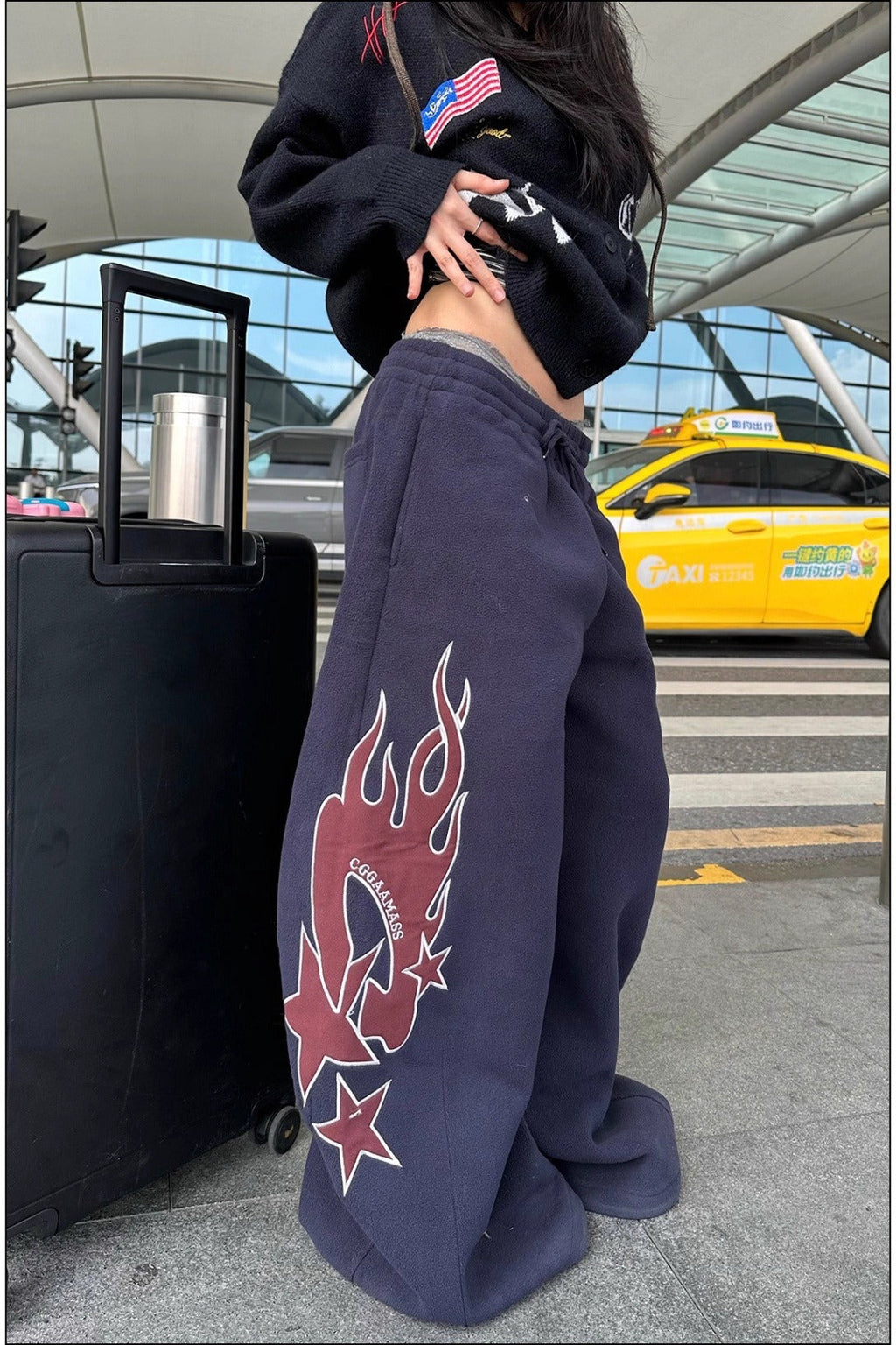 Flame Print Sherpa Drawstring Curved Leg Pants
