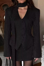 Contrast Stripe Print Slim Waist Cinched Two Piece Set