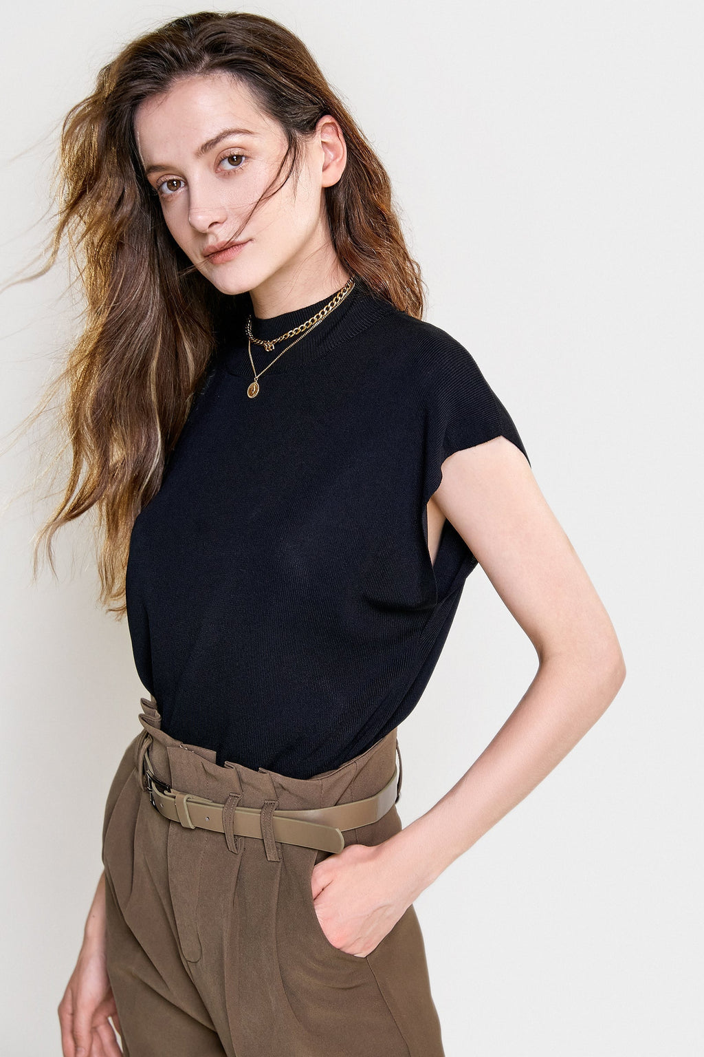 Black Rib-Knit Mock Neck Cap Sleeve Top
