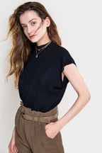 Black Rib-Knit Mock Neck Cap Sleeve Top