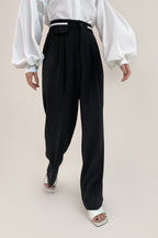 Black Contrast Strap Detail Wide Leg Work Pants
