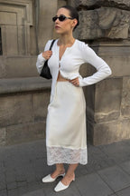 Solid Satin Lace Trim Bodycon Skirt