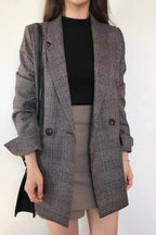 Plaid Double-Breasted Long Blazer