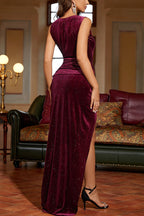 Deep V Ruched Slit Metallic Velvet Long Formal Dress