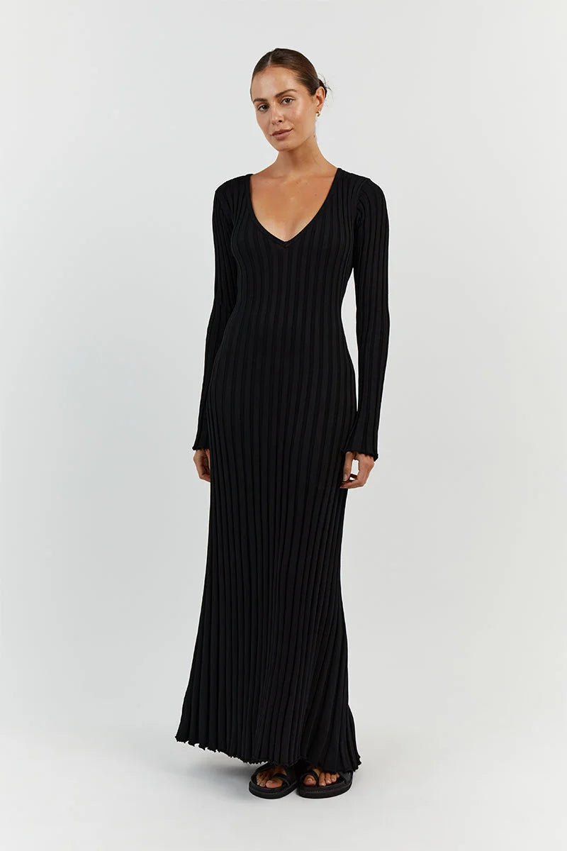Sasha Timeless Knitted Midi Dress with V Neck and Sleeves Evening Wear Edit