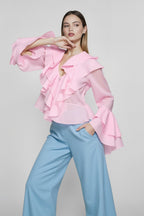 Chiffon Flare Sleeve Cropped Blouse