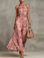 Pink Floral Chiffon Halter Maxi Dress