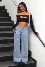 High Waist Washed Bow Wide Leg Jean