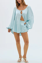 Alexis Satin Cutout Button Balloon Sleeve Shirt and Mid Waist Bow Detail Pocket Shorts Set
