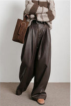 Vintage Brown Fleece Lined PU Pleated Wide Leg Pants
