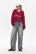 Red Embroidered Raw Edge Wool Blend Sweater