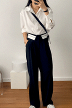 Black Contrast Foldover Waist Wide Leg Pants