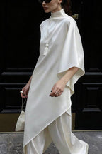 Kallena Satin High Neck Irregular Sleeves Midi Top and High Rise Pocket Loose Pants Set