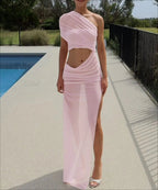 Mesh One Shoulder Ruched Maxi Dress