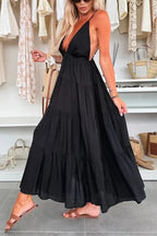 Bohemian Style V-neck Backless Slip Layered Vacation Maxi Dress