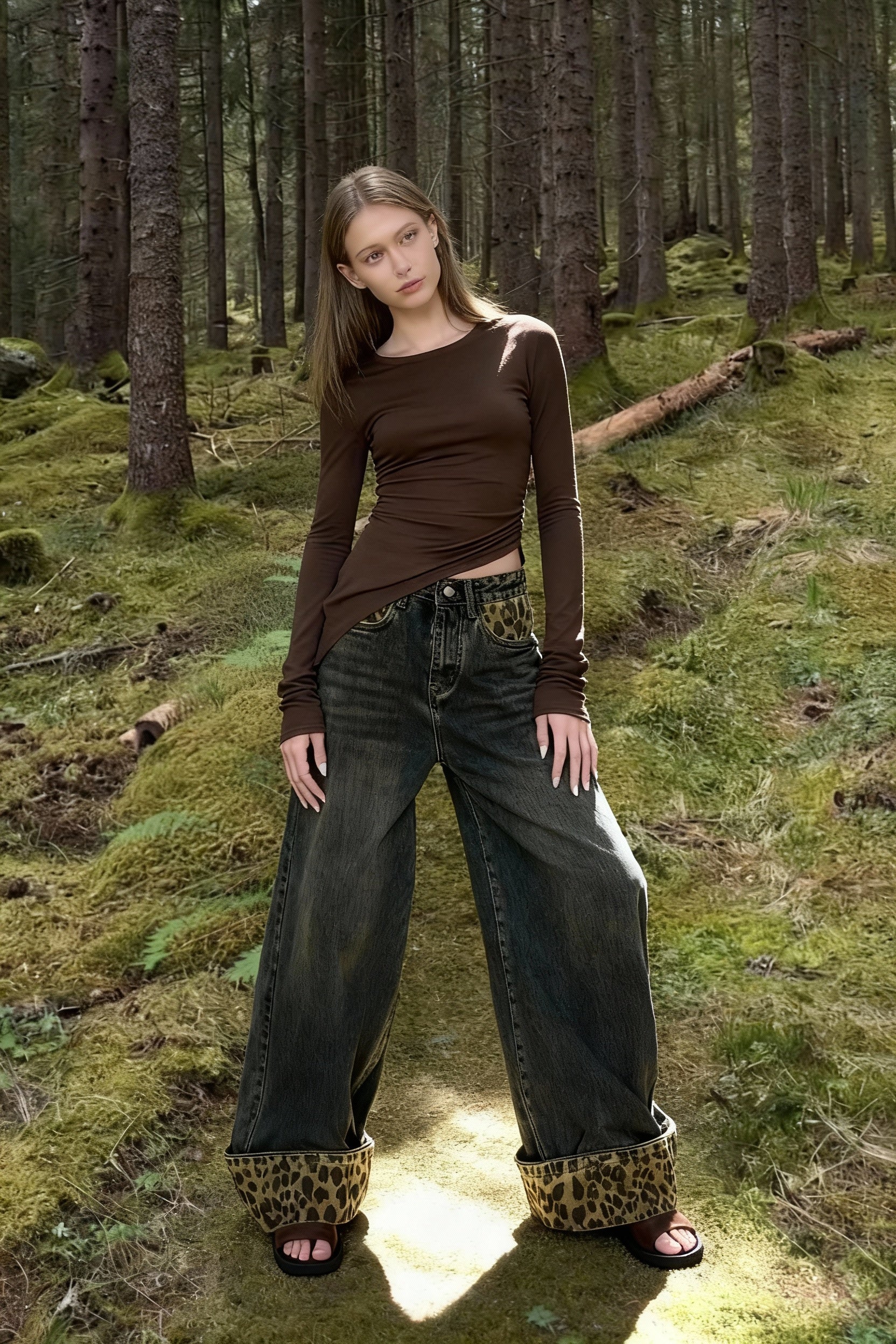 Retro Leopard Print Wide Leg Jeans