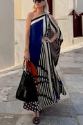 Abstract Geometric Color-Block Print One Shoulder Slit Kaftan Maxi Dress