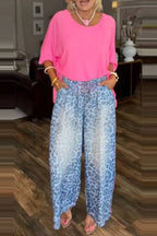 Solid Batwing Sleeve Top & Gradient Blue Leopard Wide Leg Pant Two-Piece Set