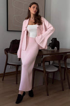 Polo Collar Sweater Flare Sleeve Knit Set