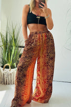Vintage Boho Ethnic Print High Rise Elastic Drawstring Waist Pocketed Loose Pants