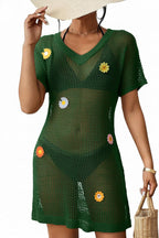Floral-decorated V-neck Short-sleeved Crochet Cover-up Vacation Mini Dress