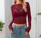 Floral Print Mesh ONeck Long Sleeve Sheer Top
