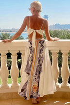 Classic Unique Printed Iinen Sexy V-Neck Bow Tie Waist Maxi Dress