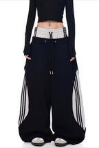 Double Waist Drawstring Stripe Pants
