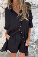 Solid Color Casual Lapel Long Shirt and Elastic Waist Loose Pocket Shorts Set