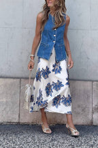 Vintage Blue and Gold Floral Satin Midi Skirt