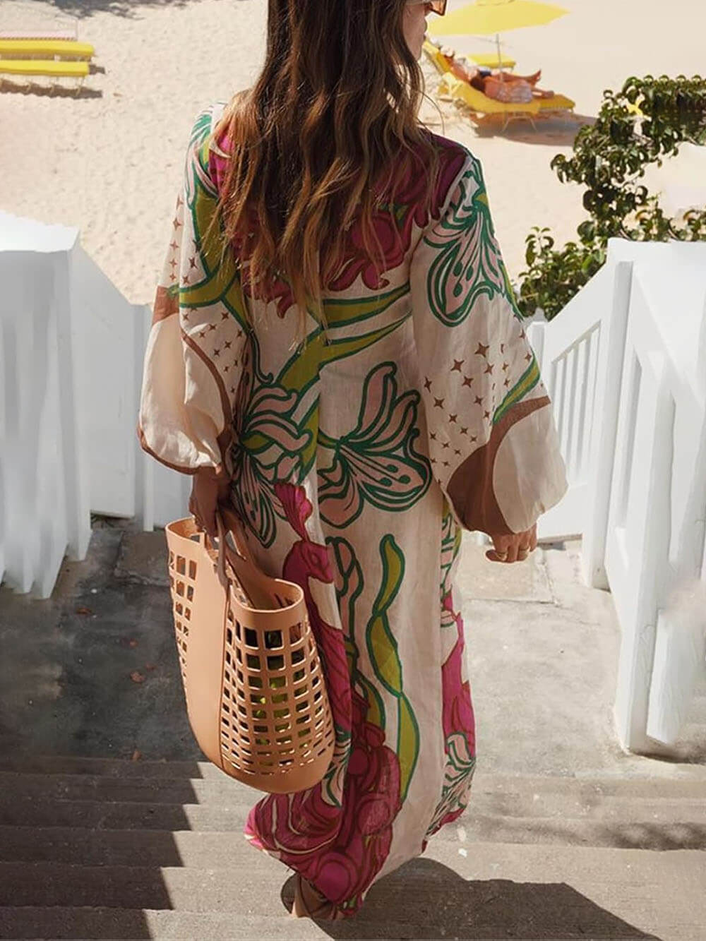 Elegant Linen Blend Unique Print Balloon Sleeve Tie up Tunic Maxi Dress