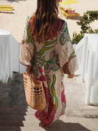 Elegant Linen Blend Unique Print Balloon Sleeve Tie up Tunic Maxi Dress
