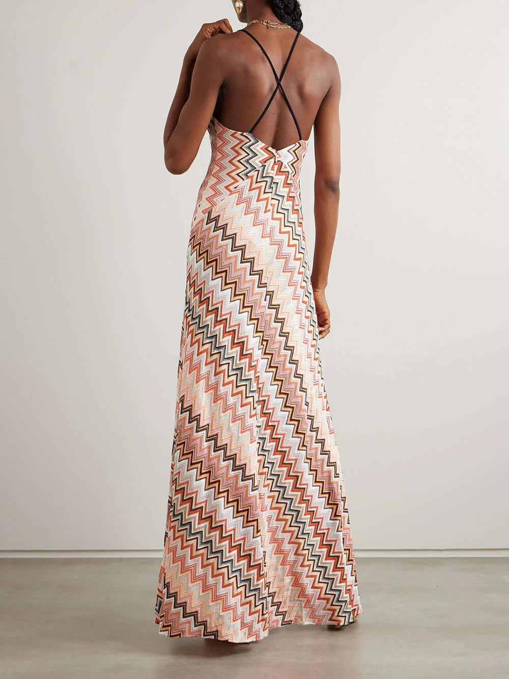 Colorful Zigzag Pattern Elegant Sling Backless Maxi Dress