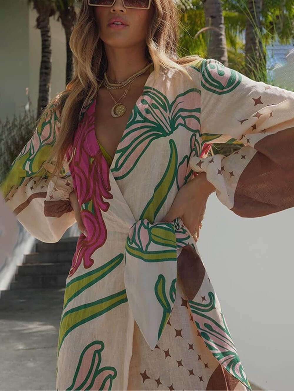 Elegant Linen Blend Unique Print Balloon Sleeve Tie up Tunic Maxi Dress